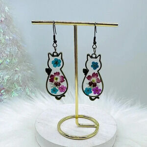 Vintage Cat Earrings with Glass Pressed Flower